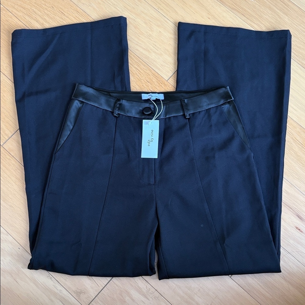 Black Wide-Leg Trousers with Leather Trim